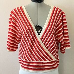 BLUE STEEL Red, Pink, White Cropped Deep V Crochet Top w/ Wide Sleeves
